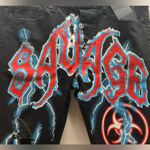 NWT GFTD Los Angeles SAVAGE Skinny Distressed Painted Black Jeans 34” X 32” - Picture 2 of 10